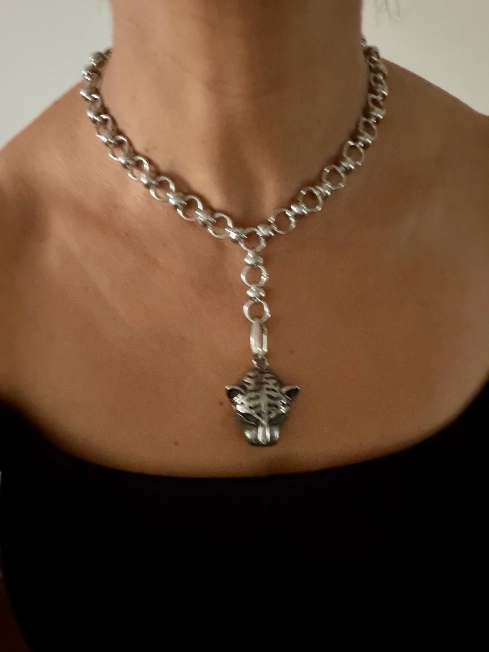 Stainless Steel Tiger Head Pendant Necklace - Silver - Picture 5 of 6
